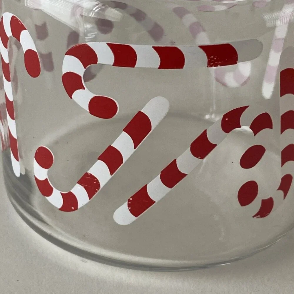 Red White Candy Cane Clear Glass w Lid Candy Cannister Jar 5 1/2